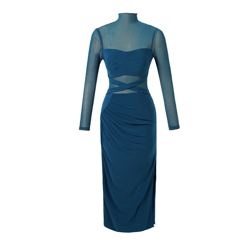 See-through Stitching Slim Fit Slit Dress Base Dress Nocturna-Pro