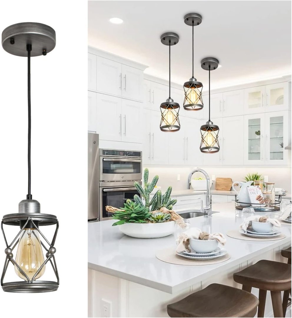 Industrial Pendant Lighting For Kitchen Island, Rustic Mini Cage Pendant Light, Farmhouse Pendant Lamp With Silver Grey Adjustable For Dining Room, Hallway, Entryway, Bedroom Nocturna-Pro