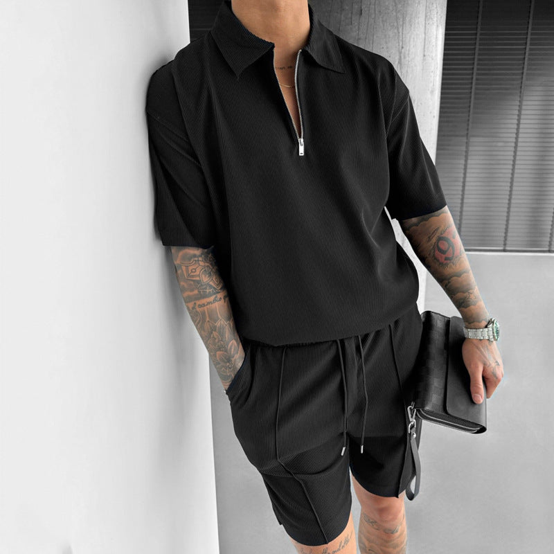 Summer Fashion Mens Clothing  Men's Suits New Zipper Polo Casual Short Sleeve Drawstring Shorts Men's Set Nocturna-Pro
