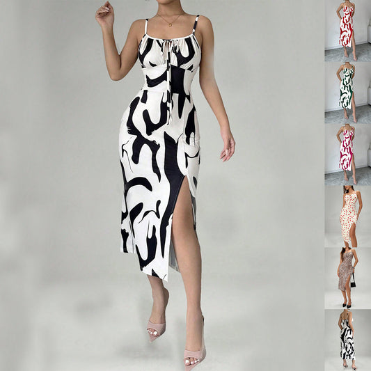 Summer Printed Suspender Split Dress Fashion Slim Lace-up Long Dresses For Women Clothing Nocturna-Pro