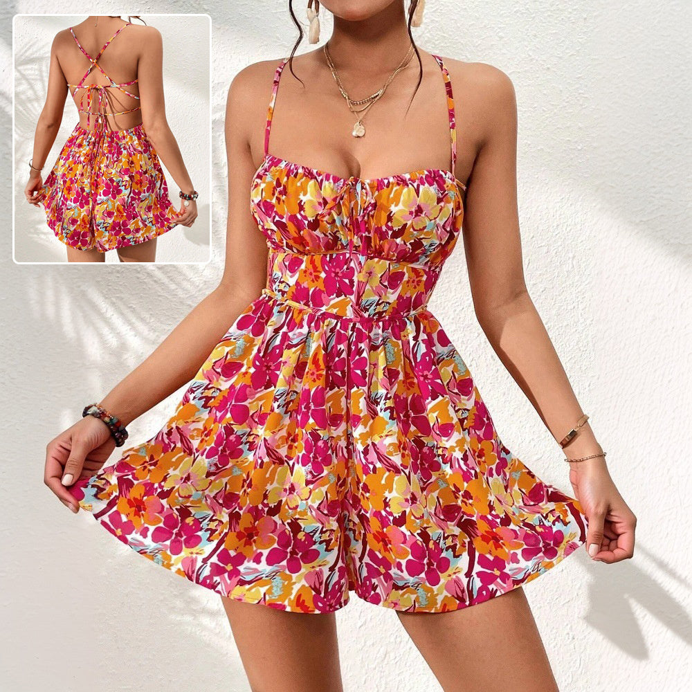 Women's Floral Print Dress Summer Lace-up Back Seaside Holiday Short Dresses Nocturna-Pro