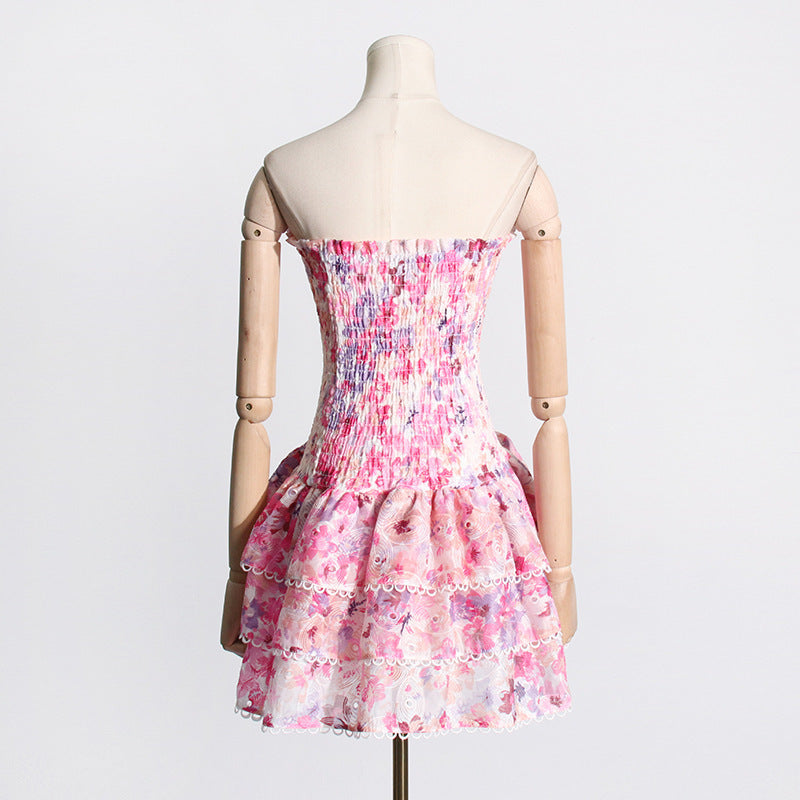 Seaside Beach Vacation Tube Top Floral Print Slim Fit Ruffled Dress Nocturna-Pro