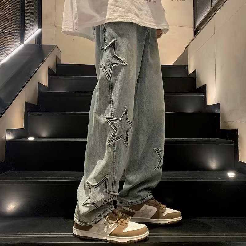 Star Embroidery Straight Casual Men Jeans Gothic Neutral New Wide Leg Loose Hip-hop Fashion Youth Streetwear Denim Trousers Y2K Nocturna-Pro