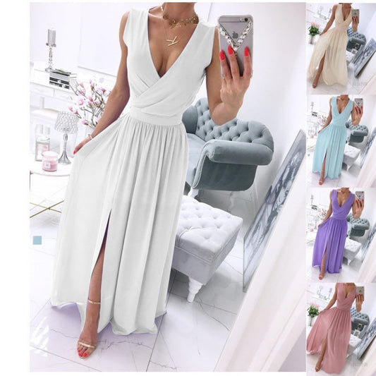 Sleeve Solid Color V-Neck Dress Dress Women's Nocturna-Pro
