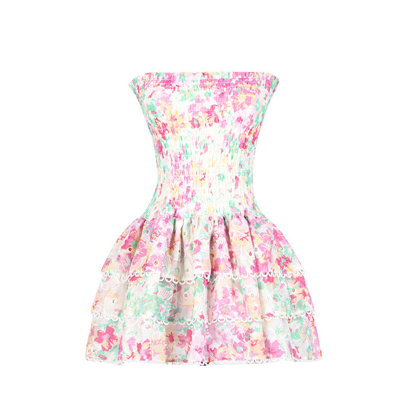 Seaside Beach Vacation Tube Top Floral Print Slim Fit Ruffled Dress Nocturna-Pro