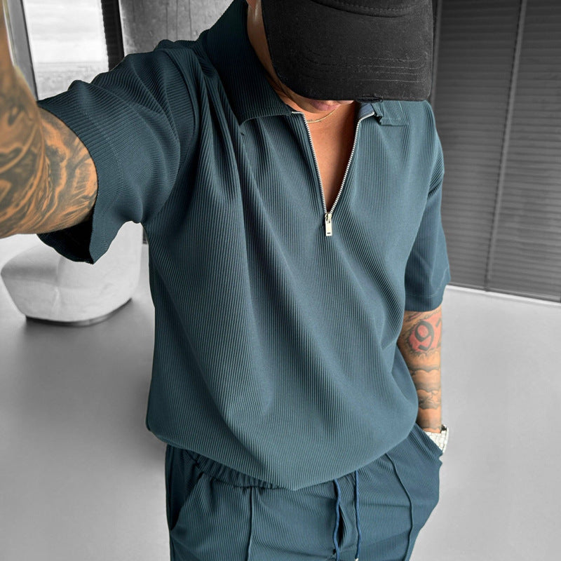 Summer Fashion Mens Clothing  Men's Suits New Zipper Polo Casual Short Sleeve Drawstring Shorts Men's Set Nocturna-Pro