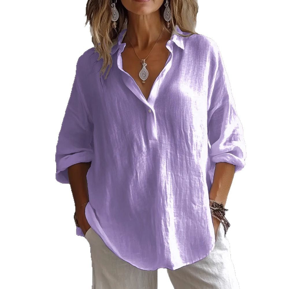 Loose Long Sleeve Linen V-neck Shirt Nocturna-Pro
